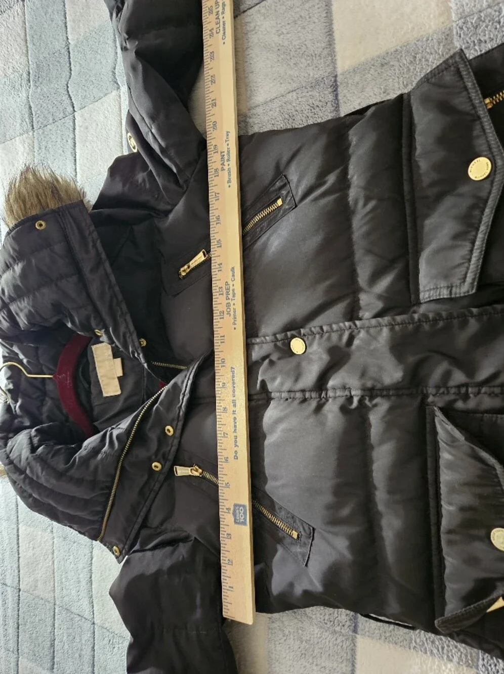 Michael Kors Black Quilted Puffer Coat with Faux Fur Hood Trim No Belt